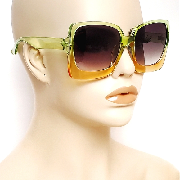Square Large Green Orange Colorful Frames Sunglasses Unisex Trendy Cool Summer - Picture 5 of 5